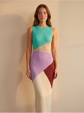 MINKPINK Colorblock Ribbed Maxi Dress in Teal, Lavender, Cream & Burgundy